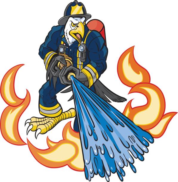 대머리 독수리 소방관 마스코트 는 불에 물을 지불 - hose water spraying cartoon stock illustrations