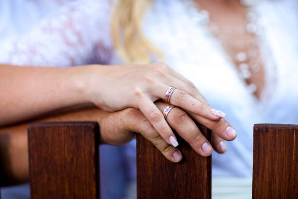 istock bride hands with wedding rings, close-up 667998918