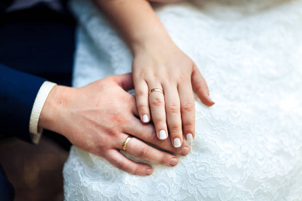 istock bride hands with wedding rings, close-up 668002326