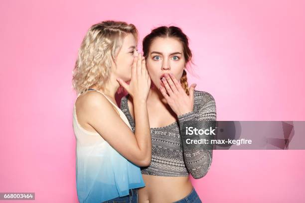 Two Gossiping Women Stock Photo - Download Image Now - Whispering, Women, Blond Hair