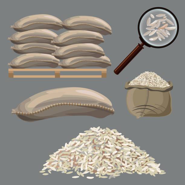 Set of illustrations with sacks. Set of vector illustrations with sacks of rice. grain and cereal products stock illustrations