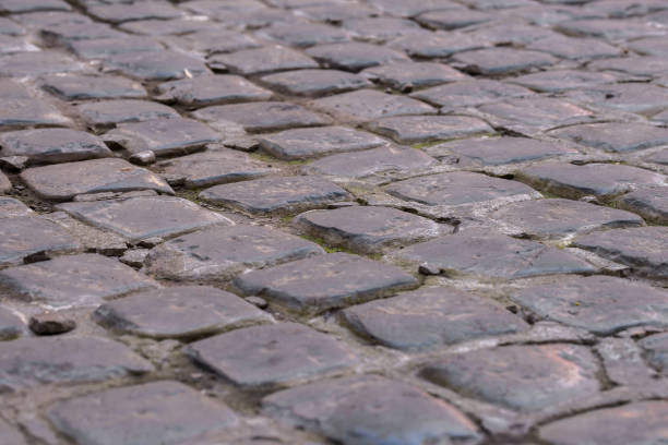 istock Close-up cobblestone pavement, stone street pavement background with selective focus. Stone road texture, cobblestone background 668008734