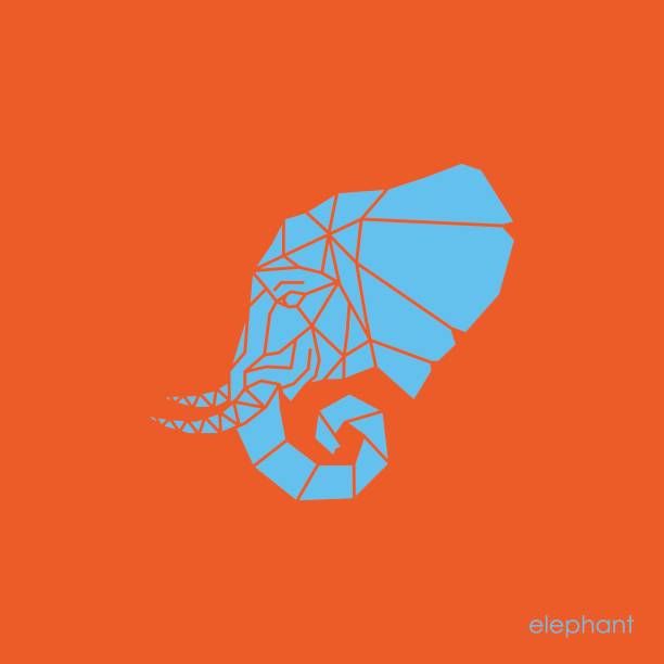 elefantenkopf in geometrie stil dreieck formen. blauer elefant auf orangem hintergrund. vektor-illustration. - elephant head stock-grafiken, -clipart, -cartoons und -symbole