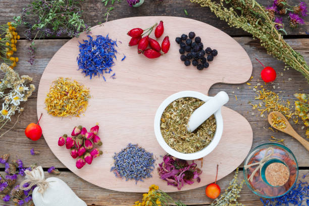 istock Healing herbs on wooden palette, mortar, tincture and medicinal herbs. 668025738