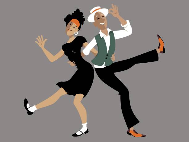 Dancing lindy hop Cute cartoon couple dancing lindy hop or swing, EPS 8 vector illustration, no transparencies lindy hop stock illustrations