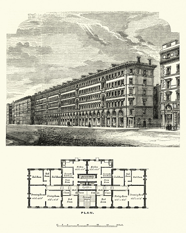Vintage engraving of Residences Victoria Street, Westminster, London in the 19th Century. 1855