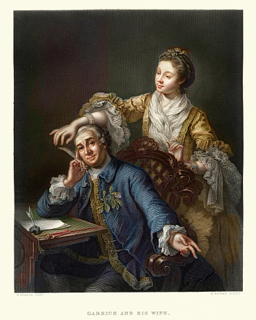 Vintage illustration of David Garrick with his Wife Eva-Maria Veigel,  after William Hogarth. 17th Century. David Garrick was an English actor, playwright, theatre manager and producer who influenced nearly all aspects of theatrical practice throughout the 18th century.