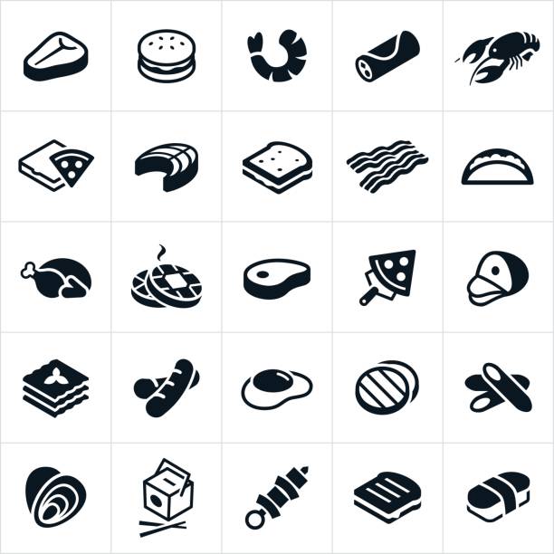 Food Cuisines Icons A set of different food cuisines. The cuisines include steak, hamburger, shrimp, burrito, lobster, pizza, salmon, sandwich, bacon, taco, turkey, waffles, pork chop, ham, lasagna, hotdogs, egg, pasta, clams, oysters, shish kabob, kabob, grilled cheese sandwich, sushi, sushi roll and sausage to name a few. sandwich symbols stock illustrations