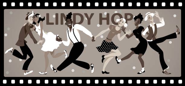 ilustraciones, imágenes clip art, dibujos animados e iconos de stock de lindy hop en película - dancing swing dancing 1950s style couple