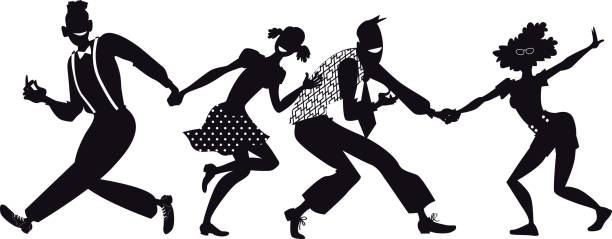 ilustraciones, imágenes clip art, dibujos animados e iconos de stock de arte de baile de swing - dancing swing dancing 1950s style couple