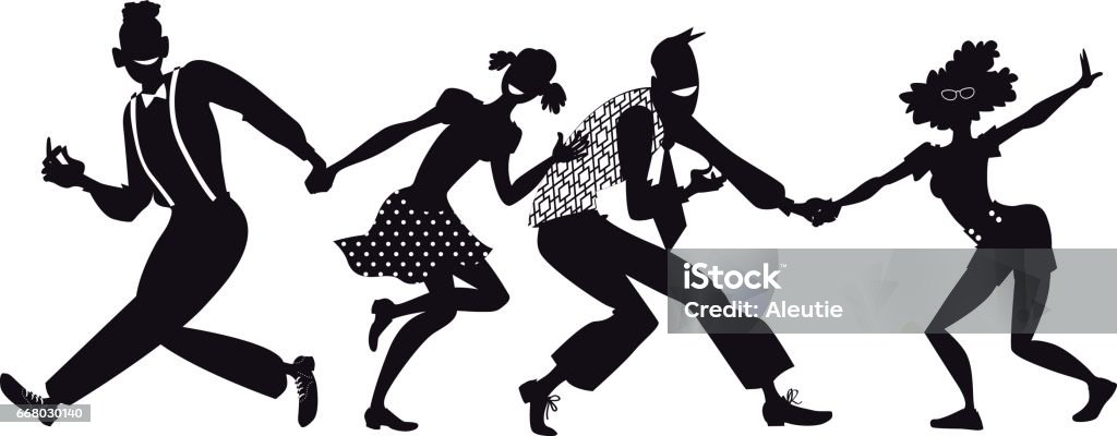 Swing dance clip-art Vector silhouette of two couple dressed in vintage fashion dancing swing style, no white objects, black only, one solid silhouette, EPS 8 Dancing stock vector