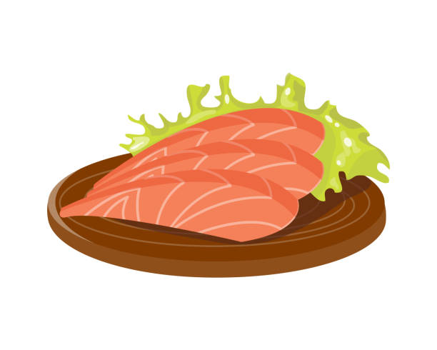 illustrations, cliparts, dessins animés et icônes de tranche de poisson rouge salé sur planche de bois viandes fraîches plaque filet sain repas dîner vector et gourmet nourriture diète ingrédient partie préparée illustration - meat steak raw market