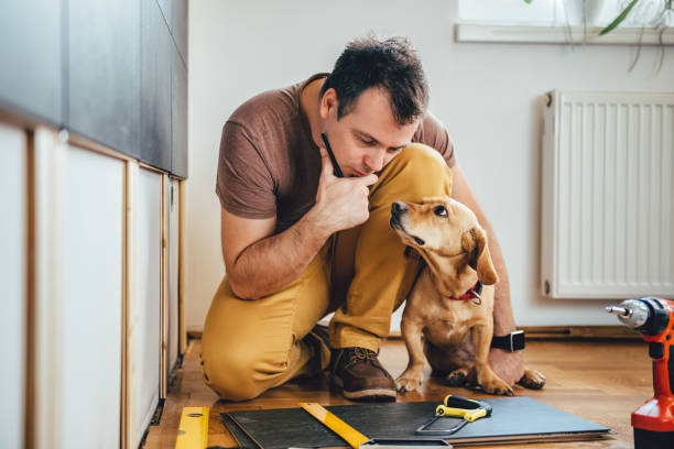 istock Man and his dog doing renovation work at home 668036160