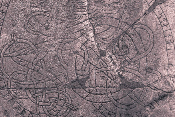 Skanela, Sweden - April 1, 2017: Viking runestone in Skanela Church, Sweden stock photo