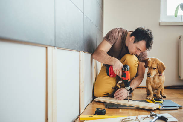 istock Man and his dog doing renovation work at home 668039528