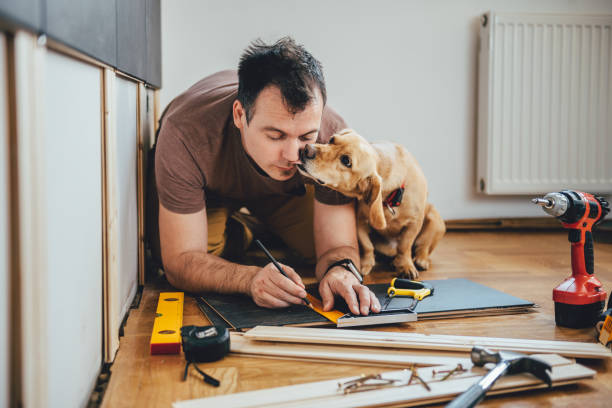 istock Man and his dog doing renovation work at home 668040364