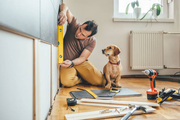 homme et son chien faire rénovation travaillent à la maison - ruler wood instrument of measurement measuring photos et images de collection