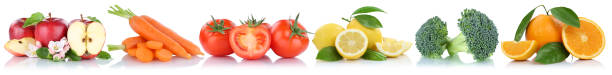 istock Fruits and vegetables collection isolated in a row apple orange 668051010