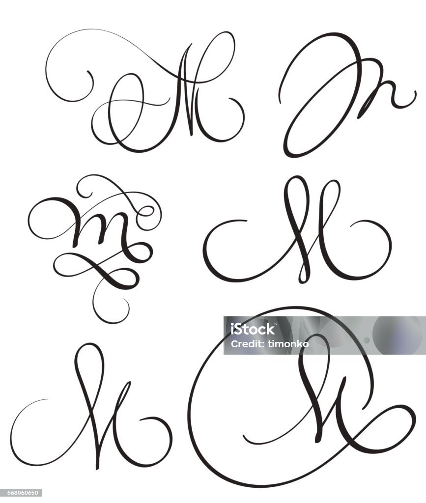 conjunto de letra de caligrafia arte M com um floreio de verticilos decorativos vintage. Ilustração vetorial EPS10 - Vetor de Arte royalty-free