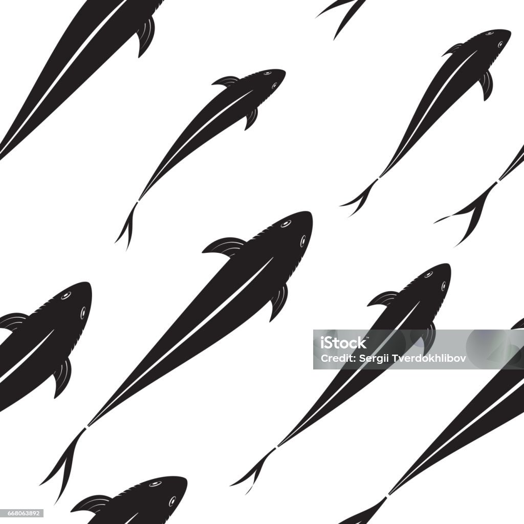 Background pattern of black fish silhouettes in the depths of the ocean Background pattern of black fish silhouettes in the depths of the ocean. Top view of the back. Abstract stock vector