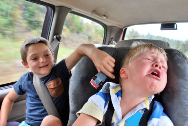 Car Travel with Children Looking into the back of the car at two children passengers passing the trip away teasing and crying. teasing stock pictures, royalty-free photos & images