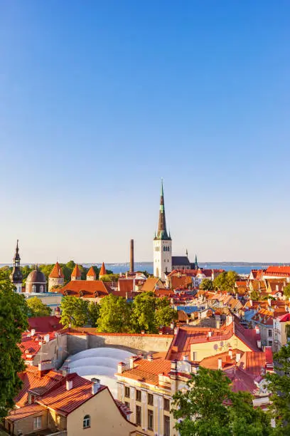 Stock photograph of downtown Tallin, Estonia with St Olaf’s Church in the background.