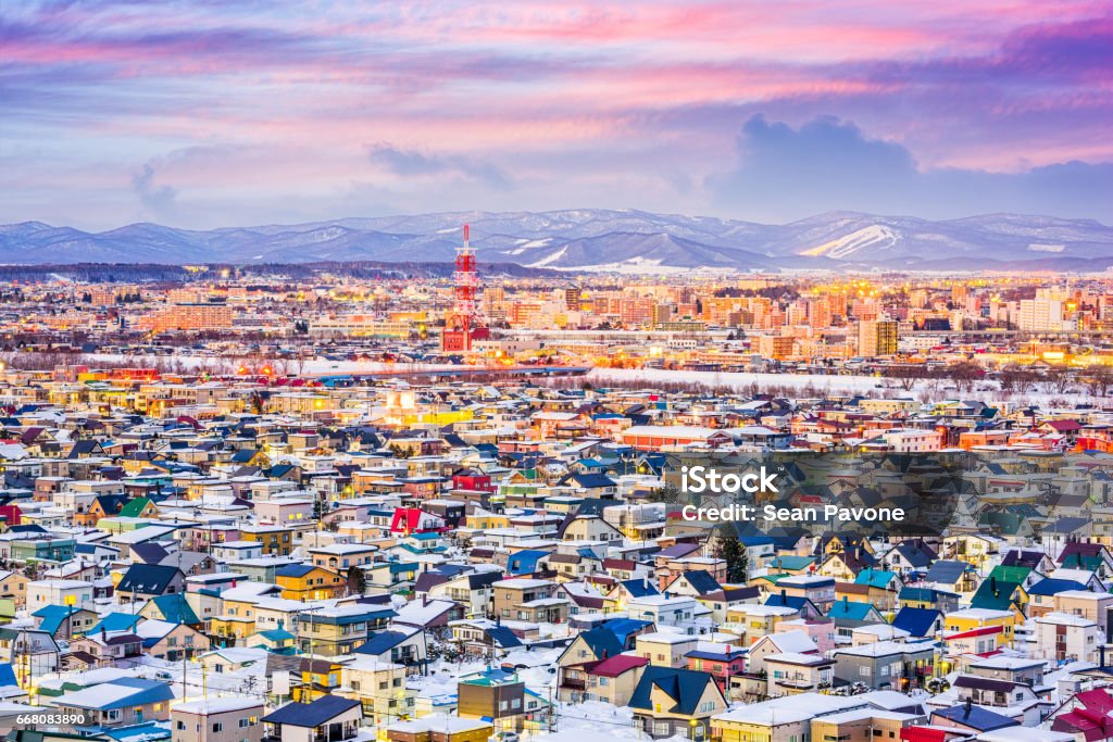 Asahikawa, Japan Skyline Asahikawa, Japan winter cityscape in Hokkaido. Aerial View Stock Photo