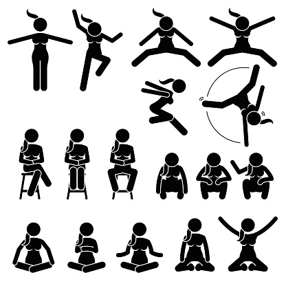 Artworks depict a female human jumping and sitting in various motions and postures.
