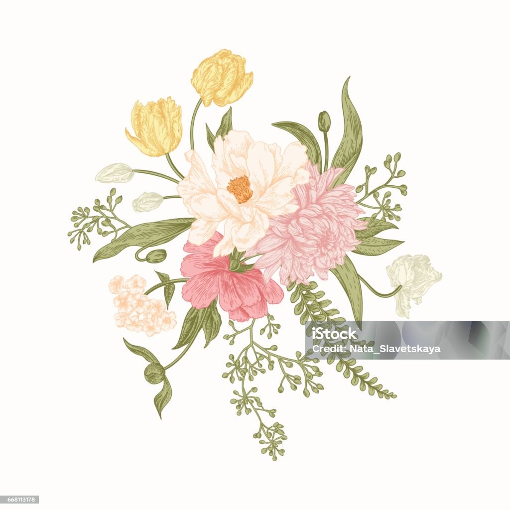 Bouquet of spring flowers. Composition with spring flowers. Bouquet in vintage style. Botanical illustration. Tulips, peony, chrysanthemum, ferns, eucalyptus seeds. Design elements isolated on white background. Pastel colors. Beauty stock vector