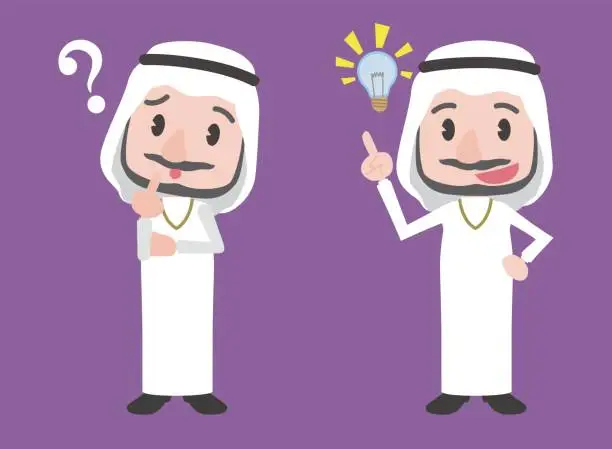 Vector illustration of arabian man character, posing question and inspiration, vector illustration