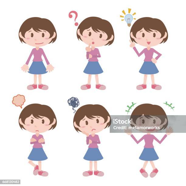 Young Girl Character Various Feeling Clip Art Set Vector Illustration Stock Illustration - Download Image Now