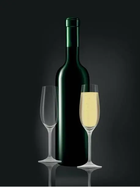 Vector illustration of Green bottle wine and full wine glass on drak