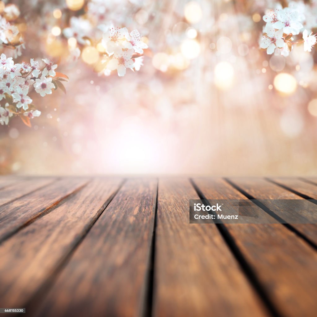 Cherry blossoms in spring with wooden table Cherry blossoms in spring with sunrays and bokeh in front of an empty wooden table for a concept Checkout Stock Photo