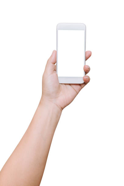 isolated woman hand hold smart phone on white background stock photo