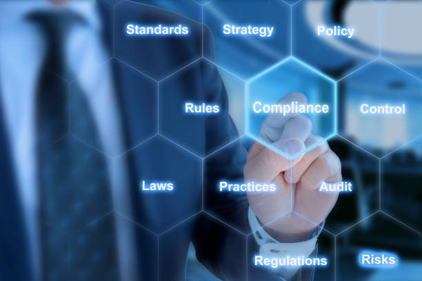 Hexagon grid compliance click from businessman Businessman in blue suit in front of office background clicking tile with the word compliance in hexagon grid button sewing item photos stock pictures, royalty-free photos & images