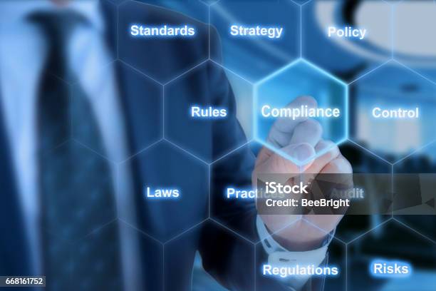 Hexagon Grid Compliance Click From Businessman Stock Photo - Download Image Now - Conformity, Business, Law