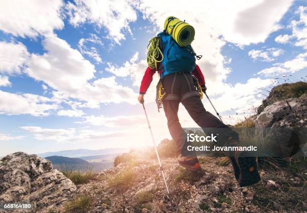 Traveler Feet Hiking In Mountains Stock Photo - Download Image Now - Mountain Climbing, Mountain, Hiking