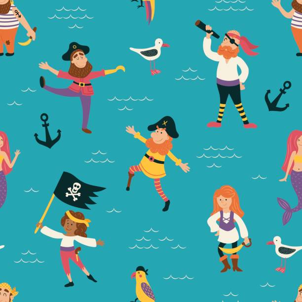 pirates pattern vector seamless pattern with funny pirate characters on blue background hook of holland stock illustrations