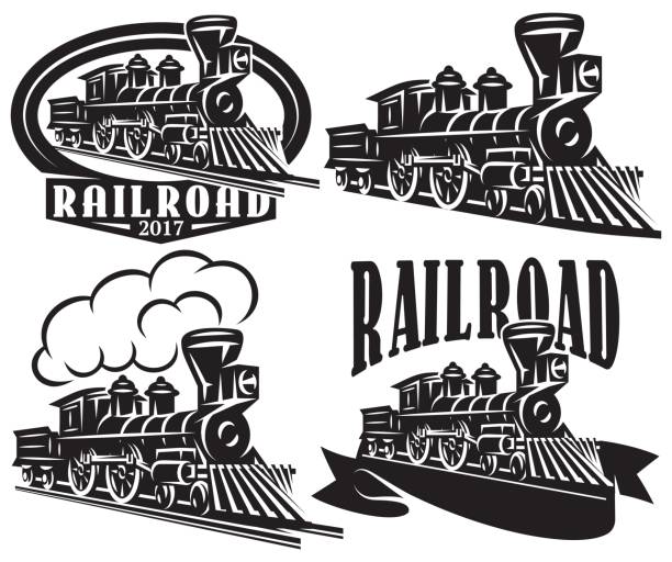 Set of vector icons in vintage style with locomotives. Emblems, labels, badges or patterns on a retro railroad theme - ilustração de arte vetorial