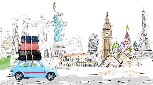 Travel by car Around the world. Blue retro toy car with travel cases driving by famous monuments. famous american landmark drawing stock pictures, royalty-free photos & images