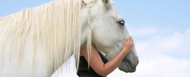 Young woman embracing her horse