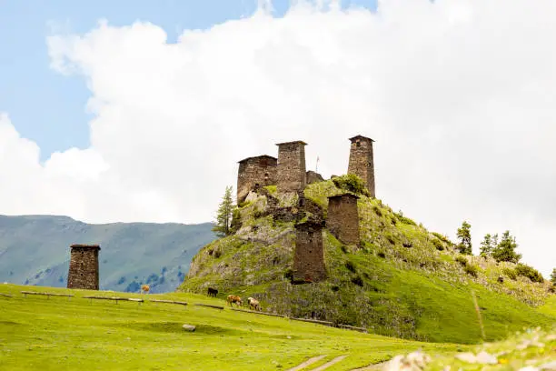 The watchtower made of shale stone. Kvemo (Upper) Omalo in Georgian Caucasus in Tusheti region.