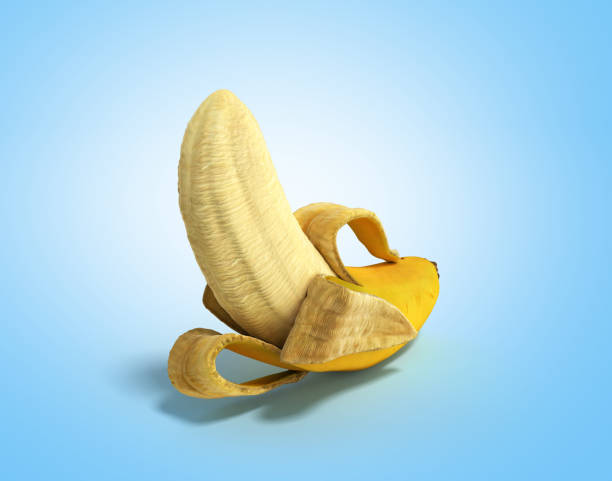 istock Half peeled Banana Open Banana 3d render on blue background 668196936