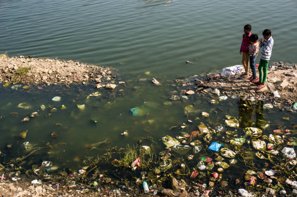 Children playing near dirty littered with debris of the lake, watching the fish. Environmental issues in India. Children playing near dirty littered with debris of the lake, watching the fish. Near the water Palace in Jaipur India. Photo taken 23 February 2017. lake grunge stock pictures, royalty-free photos & images