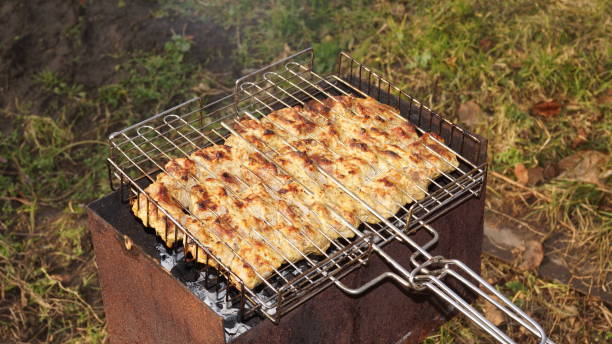 meat on the grill autumn, fry the meat on the grate. огонь stock pictures, royalty-free photos & images