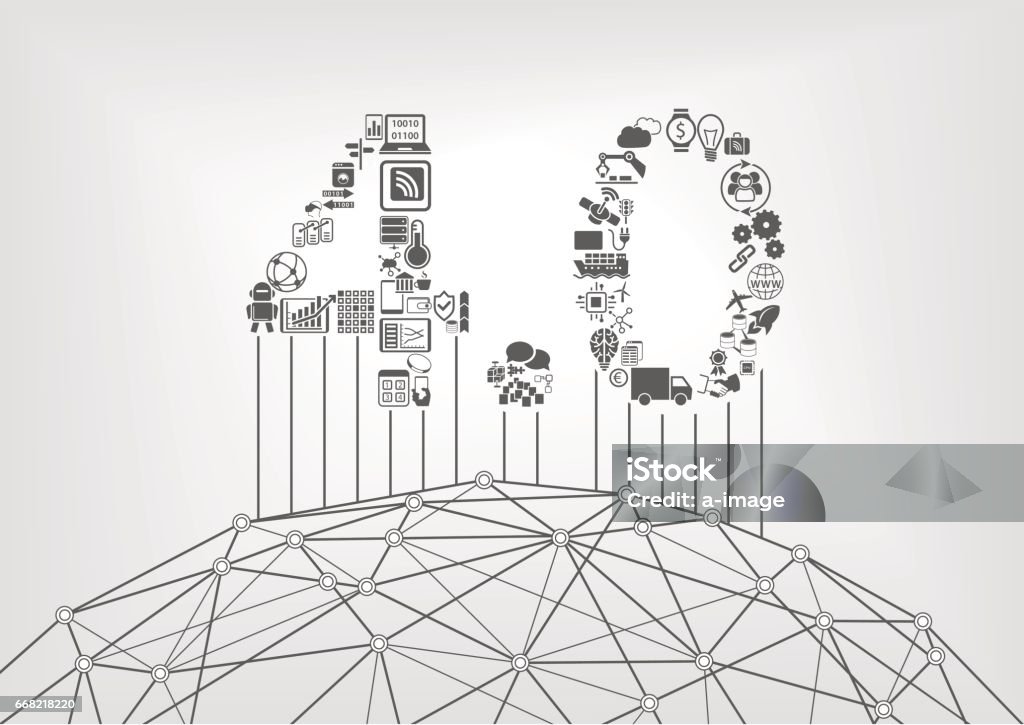 Industry 4.0 text as industrial internet of things concept Computer-Aided Manufacturing stock vector