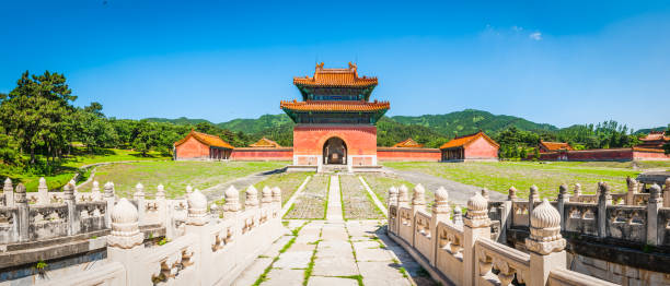 China marble bridge to ancient Qing Dynasty tombs panorama Beijing