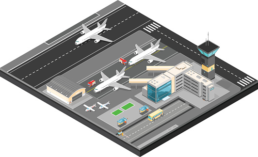 A vector illustration of a large detailed isometric airport.