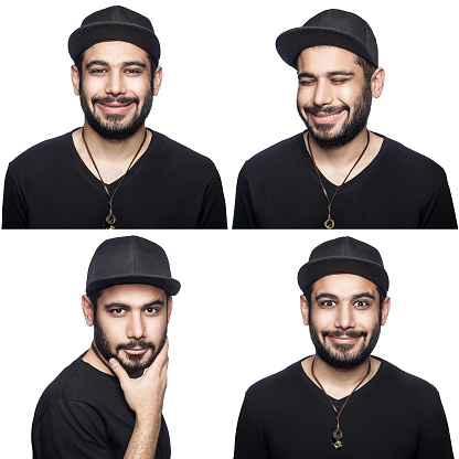 Mosaic of middle eastern expressing different emotions. The bearded man with black t-shirt and cap with four happy different emotions. isolated on white. studio shot.
