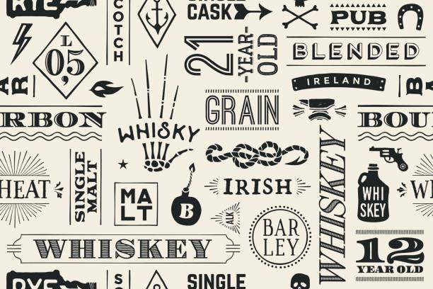 illustrazioni stock, clip art, cartoni animati e icone di tendenza di modello senza cuciture con tipi di whisky - pub